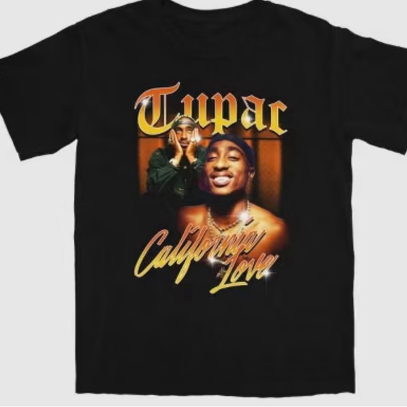 NWT MENS/UNISEX TUPAC SHORT SLEEVE CREW NECK SHIRT BLACK GOLD CALIFORNIA LOVE - Picture 2 of 4